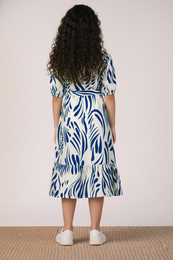 Girl's Blue Rayon Printed Midi Dress