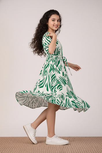 Girl's Green Rayon Printed Midi Dress