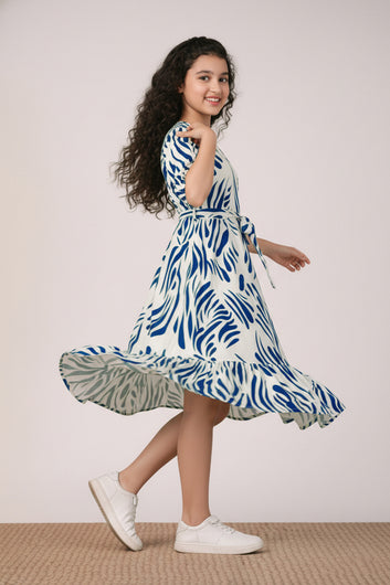 Girl's Blue Rayon Printed Midi Dress