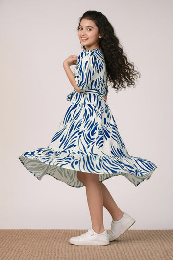Girl's Blue Rayon Printed Midi Dress