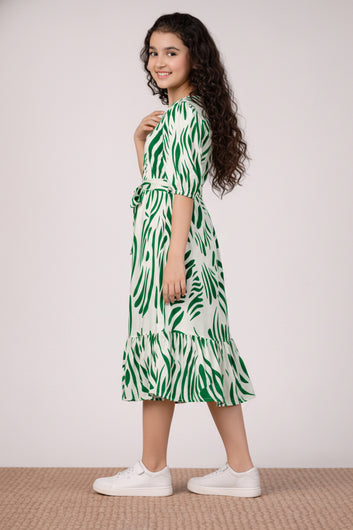 Girl's Green Rayon Printed Midi Dress