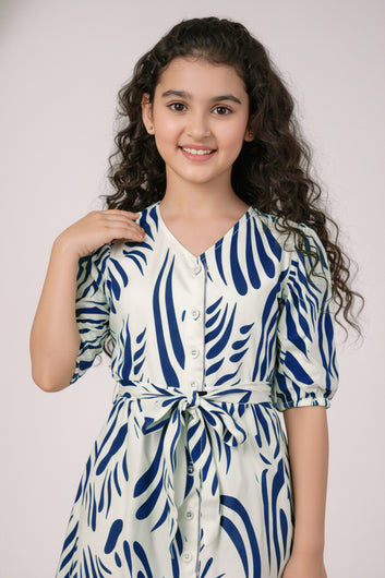 Girl's Blue Rayon Printed Midi Dress