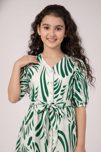 Girl's Green Rayon Printed Midi Dress