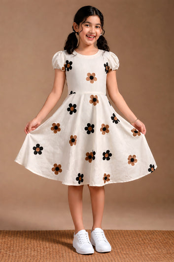 Girls Off White Cotton Embroidered Frock