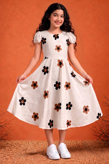 Girls Off White Cotton Embroidered Frock