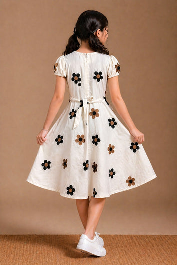Girls Off White Cotton Embroidered Frock