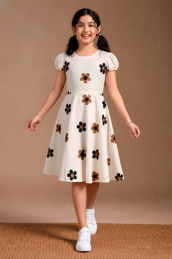 Girls Off White Cotton Embroidered Frock