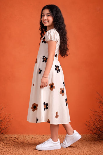 Girls Off White Cotton Embroidered Frock