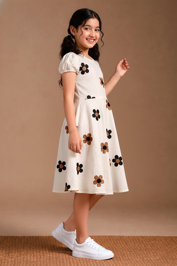 Girls Off White Cotton Embroidered Frock