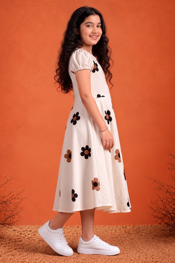 Girls Off White Cotton Embroidered Frock