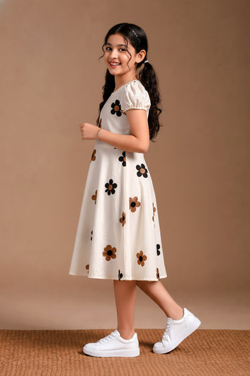 Girls Off White Cotton Embroidered Frock