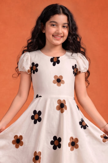 Girls Off White Cotton Embroidered Frock