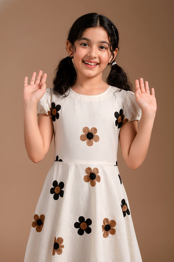 Girls Off White Cotton Embroidered Frock