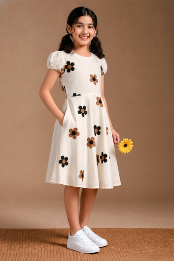 Girls Off White Cotton Embroidered Frock