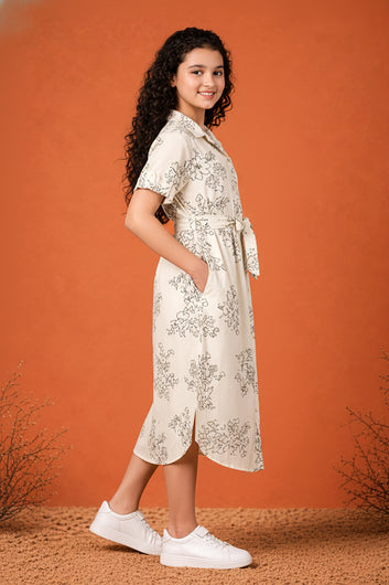 Girls White Rayon Printed Frock