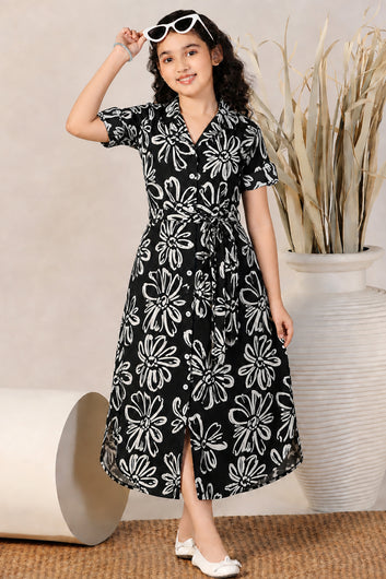 Girls Black Rayon Floral Printed Frock