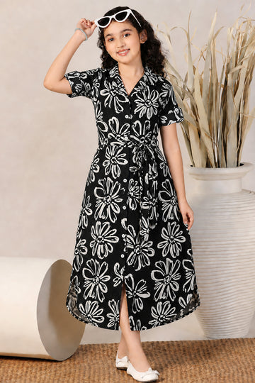 Girls Black Rayon Floral Printed Frock