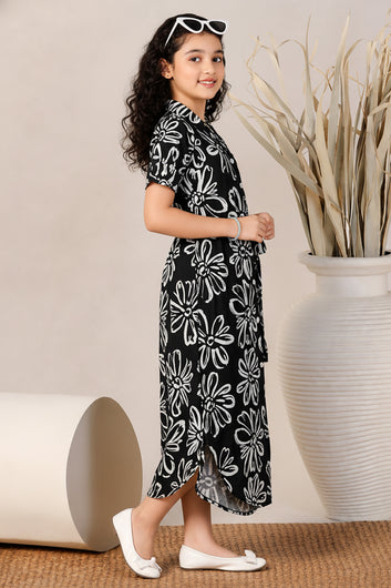 Girls Black Rayon Floral Printed Frock