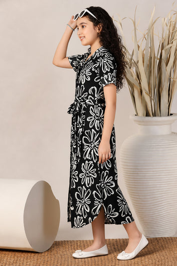 Girls Black Rayon Floral Printed Frock