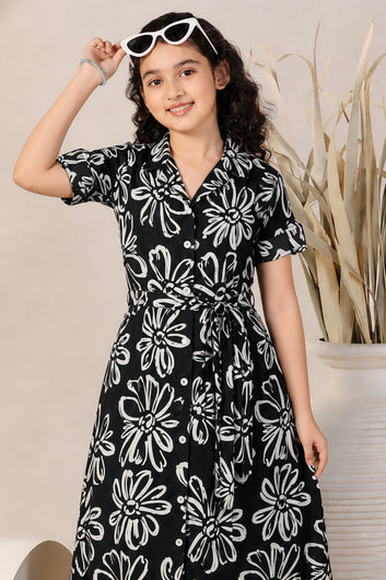 Girls Black Rayon Floral Printed Frock