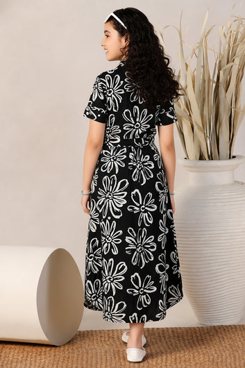 Girls Black Rayon Floral Printed Frock