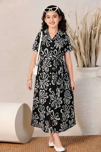 Girls Black Rayon Floral Printed Frock