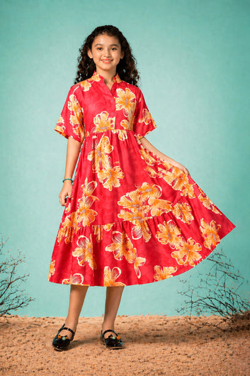 Girls Red Rayon Printed Frock