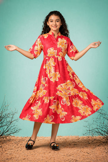 Girls Red Rayon Printed Frock