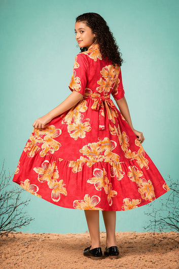 Girls Red Rayon Printed Frock