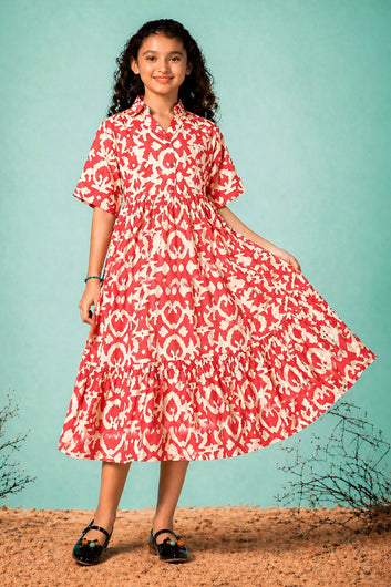 Girls Red Rayon Printed Frock