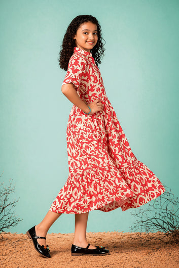 Girls Red Rayon Printed Frock