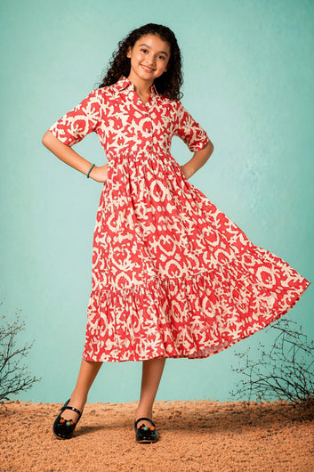 Girls Red Rayon Printed Frock