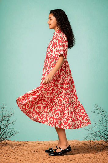 Girls Red Rayon Printed Frock
