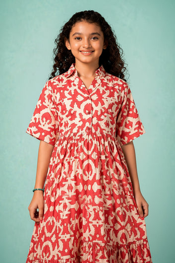 Girls Red Rayon Printed Frock