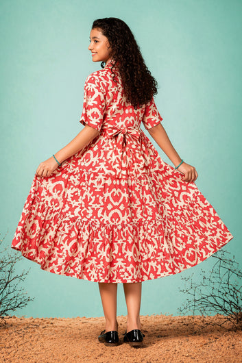 Girls Red Rayon Printed Frock