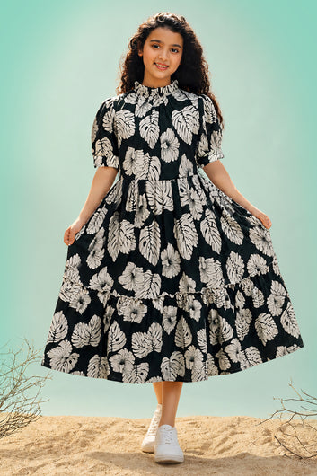 Girls Bottle Green Rayon Printed Frock