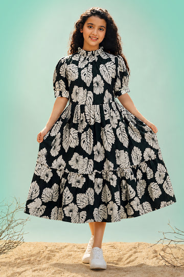 Girls Bottle Green Rayon Printed Frock