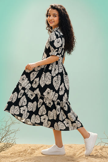 Girls Bottle Green Rayon Printed Frock