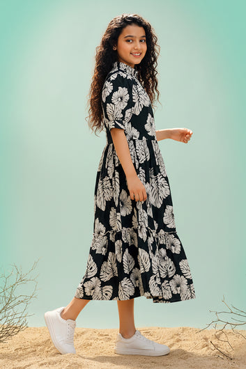 Girls Bottle Green Rayon Printed Frock