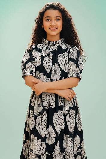 Girls Bottle Green Rayon Printed Frock