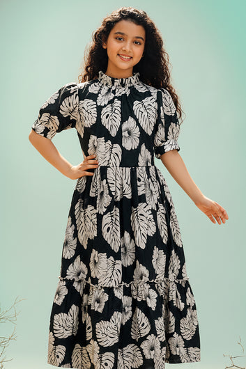 Girls Bottle Green Rayon Printed Frock