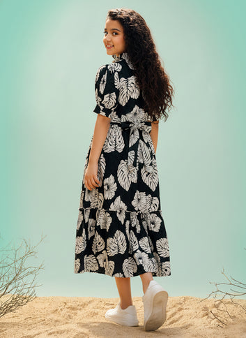 Girls Bottle Green Rayon Printed Frock