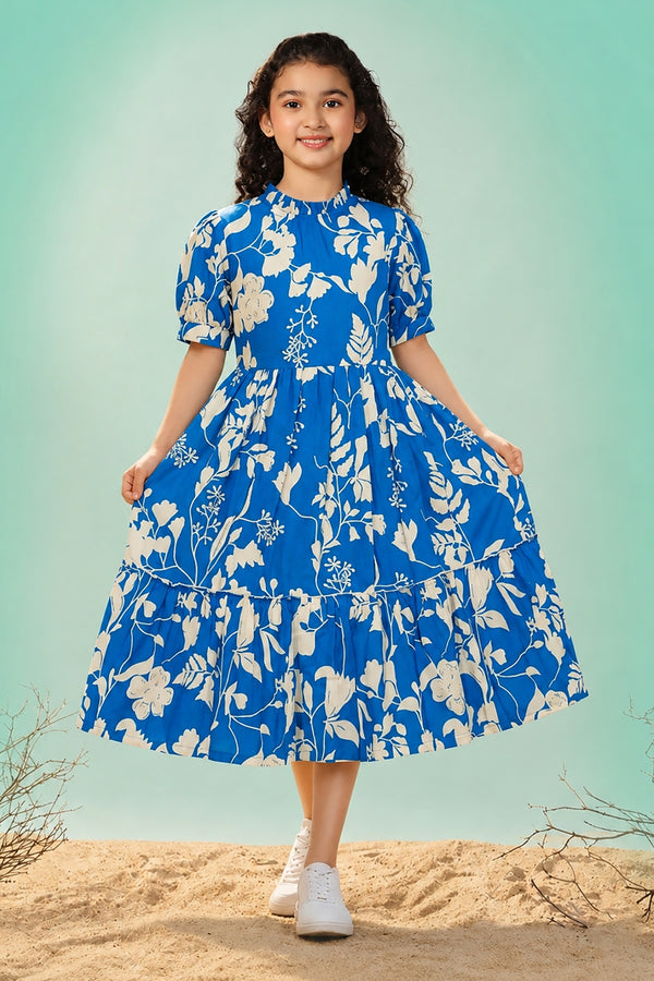 Girls Blue Rayon Blend Floral Print Tiered Calf Length Girls Frock