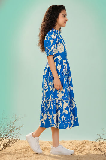 Girls Blue Rayon Blend Floral Print Tiered Calf Length Girls Frock