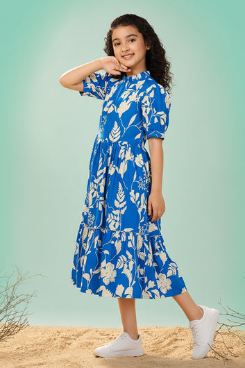 Girls Blue Rayon Blend Floral Print Tiered Calf Length Girls Frock