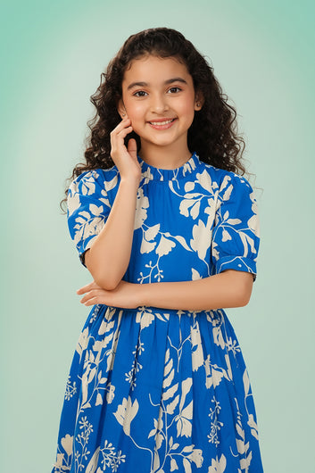 Girls Blue Rayon Blend Floral Print Tiered Calf Length Girls Frock