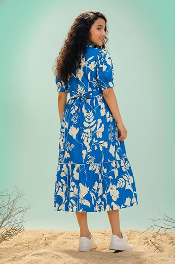 Girls Blue Rayon Blend Floral Print Tiered Calf Length Girls Frock