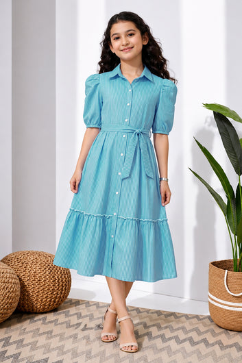 Girls Light Blue Striped Printed Cotton Midi Length Dress
