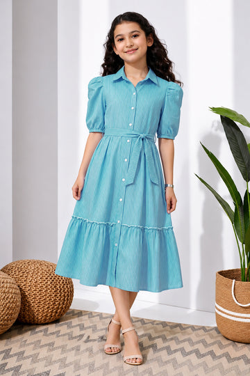 Girls Light Blue Striped Printed Cotton Midi Length Dress