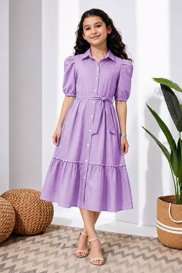 Girls Purple Striped Cotton Blend Frock for Casual Wear